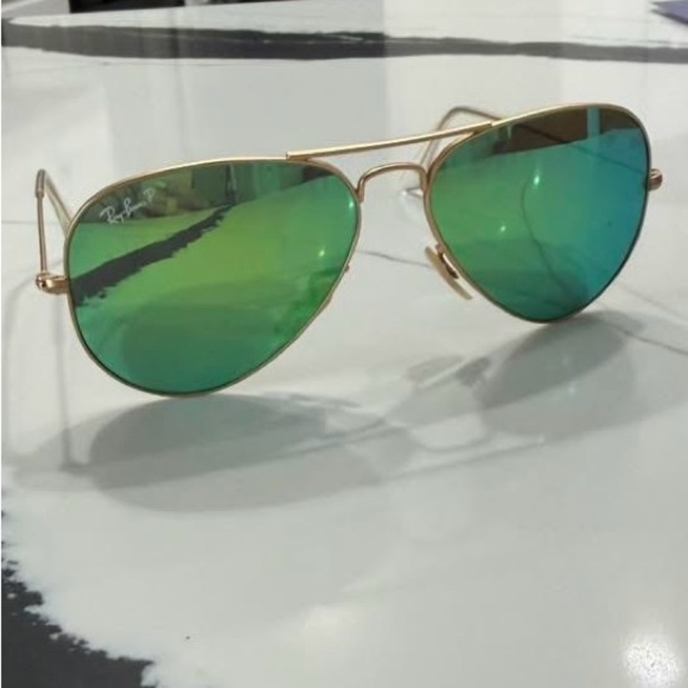 Ray-Ban Gold Frame Green Mirrored Aviator Sunglasses